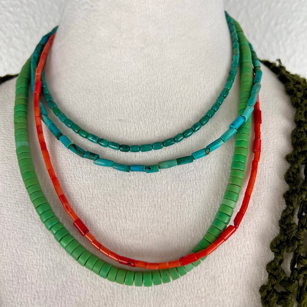 Turquoise and Glass Beaded Multi Strand Necklace Western Artsy Bohemian Boho